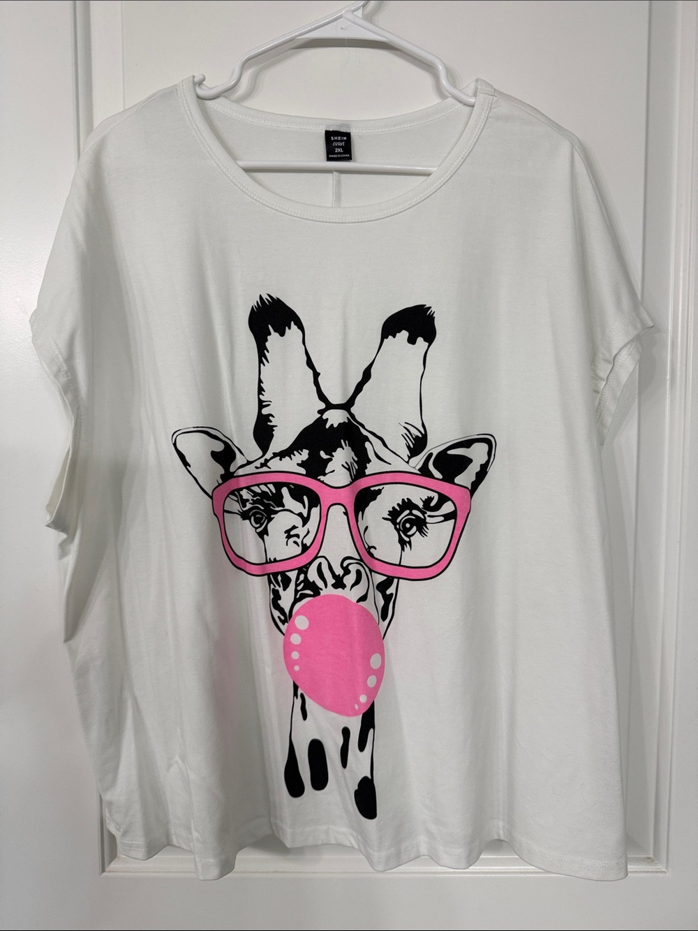 White Graphic Tee with Pink Giraffe Print